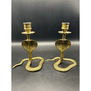Two Vintage Brass Cobra Snake Candlestick Taper Candle Holders 5.5” Tall